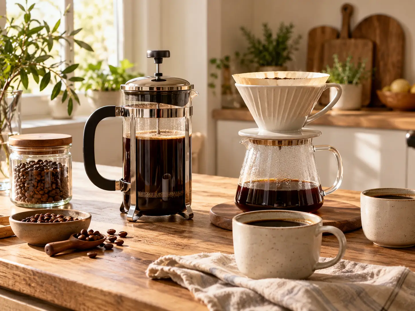 French Press und Handfilter für die Kaffeezubereitung zuhause.