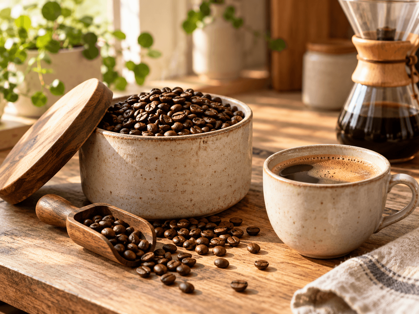 Geröstete Kaffeebohnen mit Kaffeetasse in einer warmen Küche zuhause.