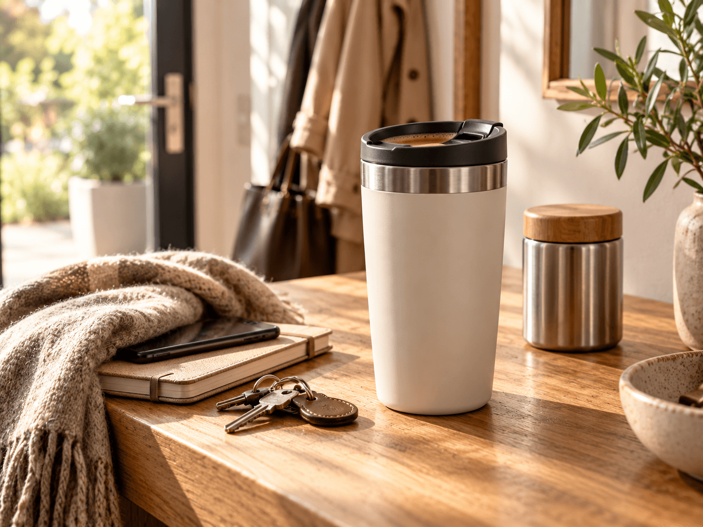 Thermobecher mit Kaffee für unterwegs in einer stilvollen Alltagsszene.