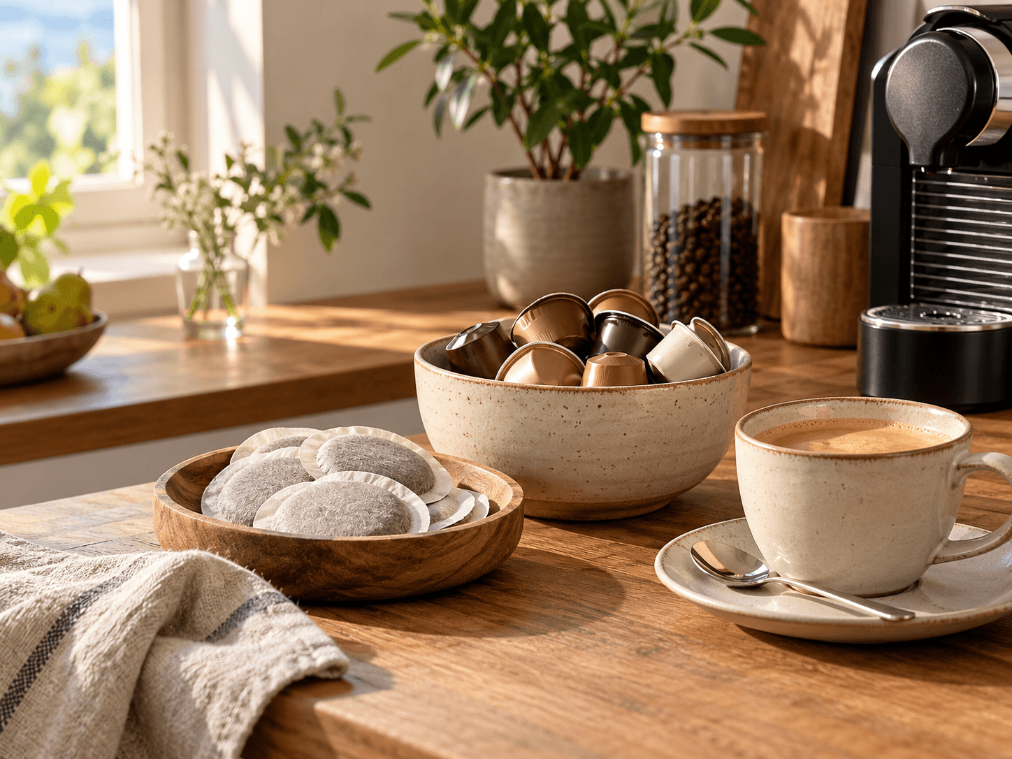Kaffeekapseln und Kaffeepads mit frisch zubereitetem Kaffee zuhause.