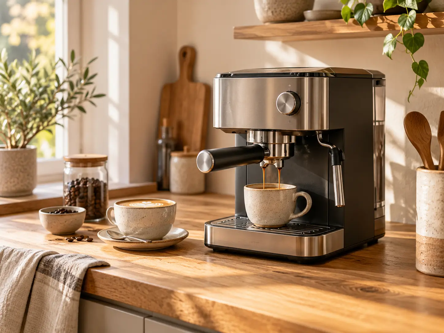 Moderne Kaffeemaschine mit Kaffeetasse in einer gemütlichen Küche zuhause.