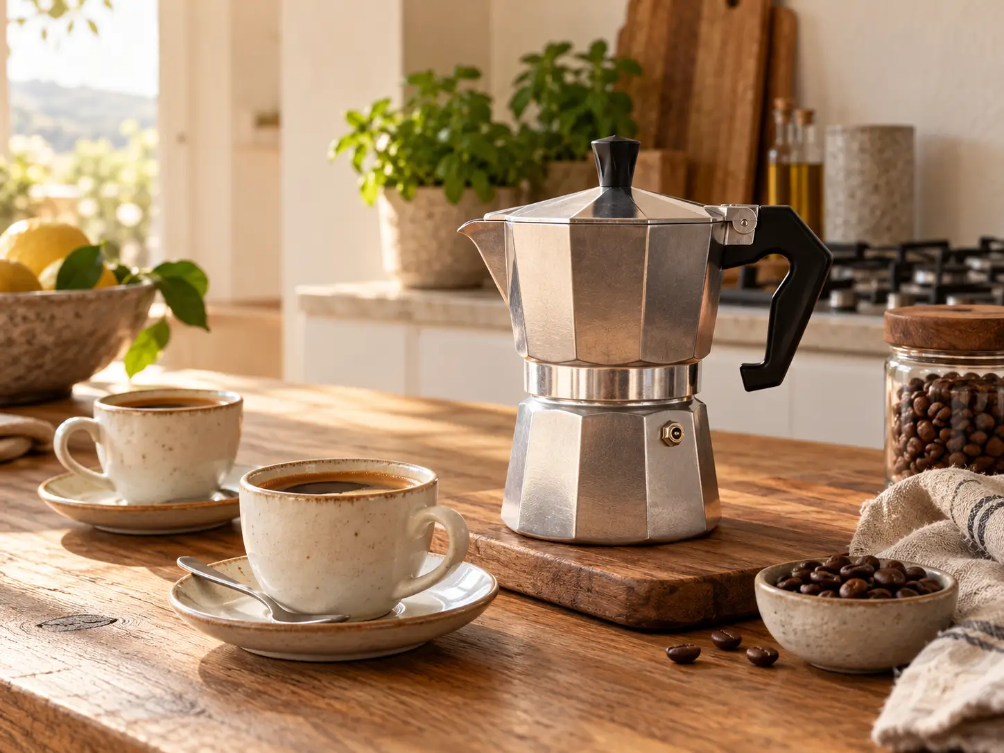 Klassische Mokkakanne mit frisch gebrühtem Kaffee in einer warmen Küche zuhause.